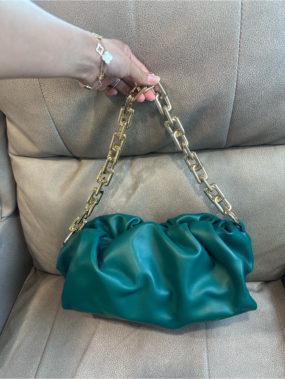 Bottega Veneta Teal Ruched Shoulder Bag with Gold Chain